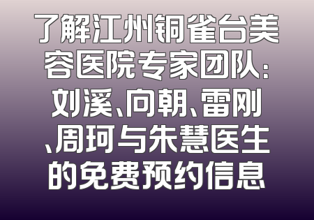 了解江州铜雀台美容医院专家团队：刘溪、向朝、雷刚、周珂与朱慧医生的免费预约信息