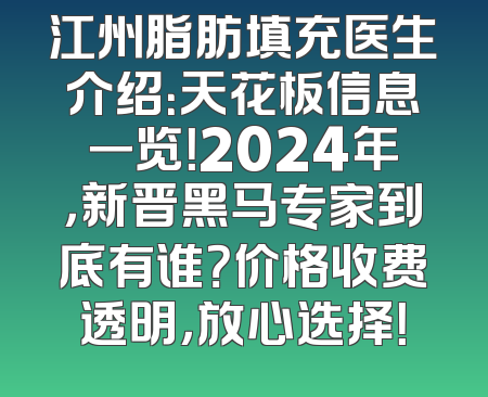 江州脂肪填充医生介绍：天花板信息一览！2024年，新晋黑马专家到底有谁？价格收费透明，放心选择！